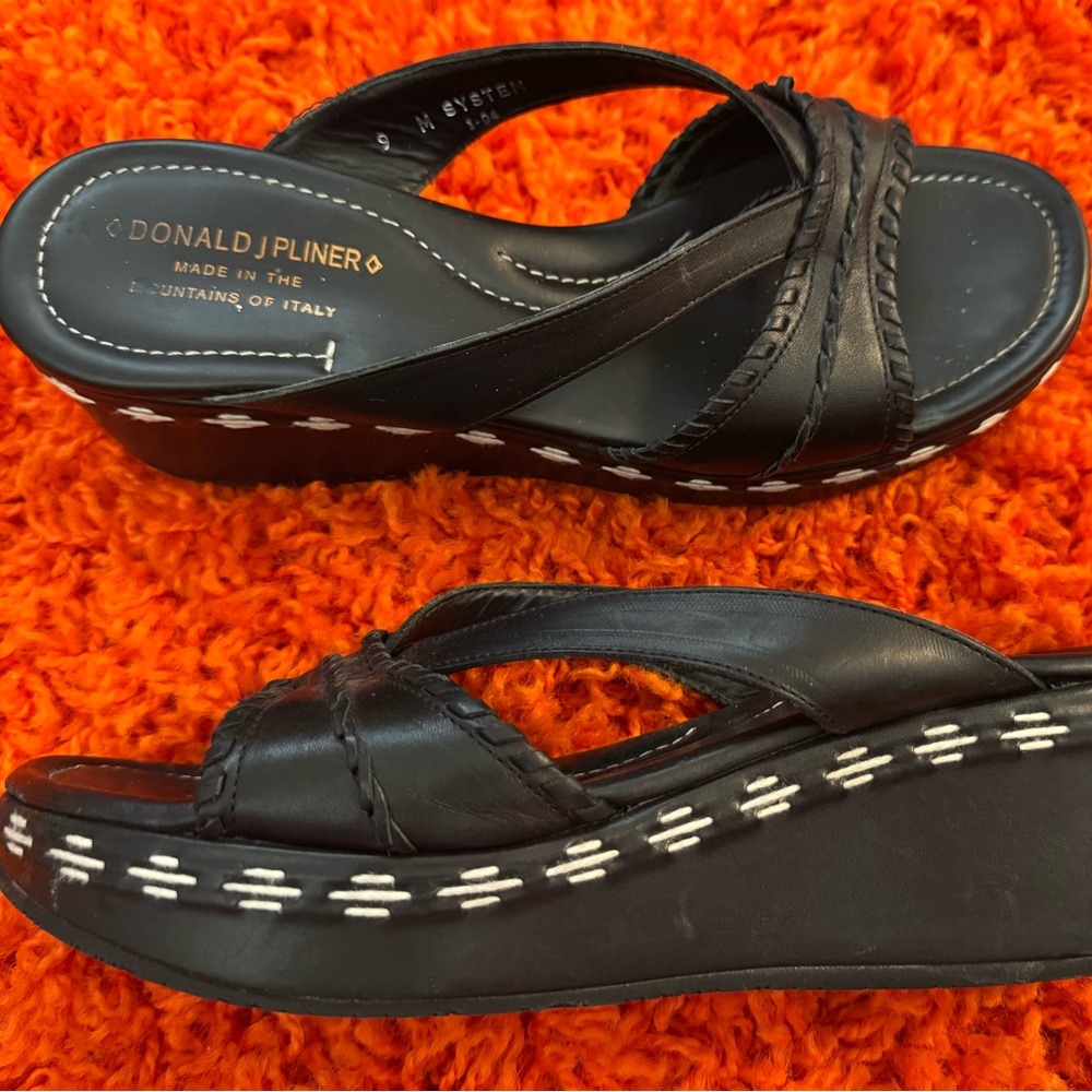 NEW DONALD PLINER OF ITALY BLACK LEATHER PLATFORM HEELS SANDALS SHOSES SZ 9